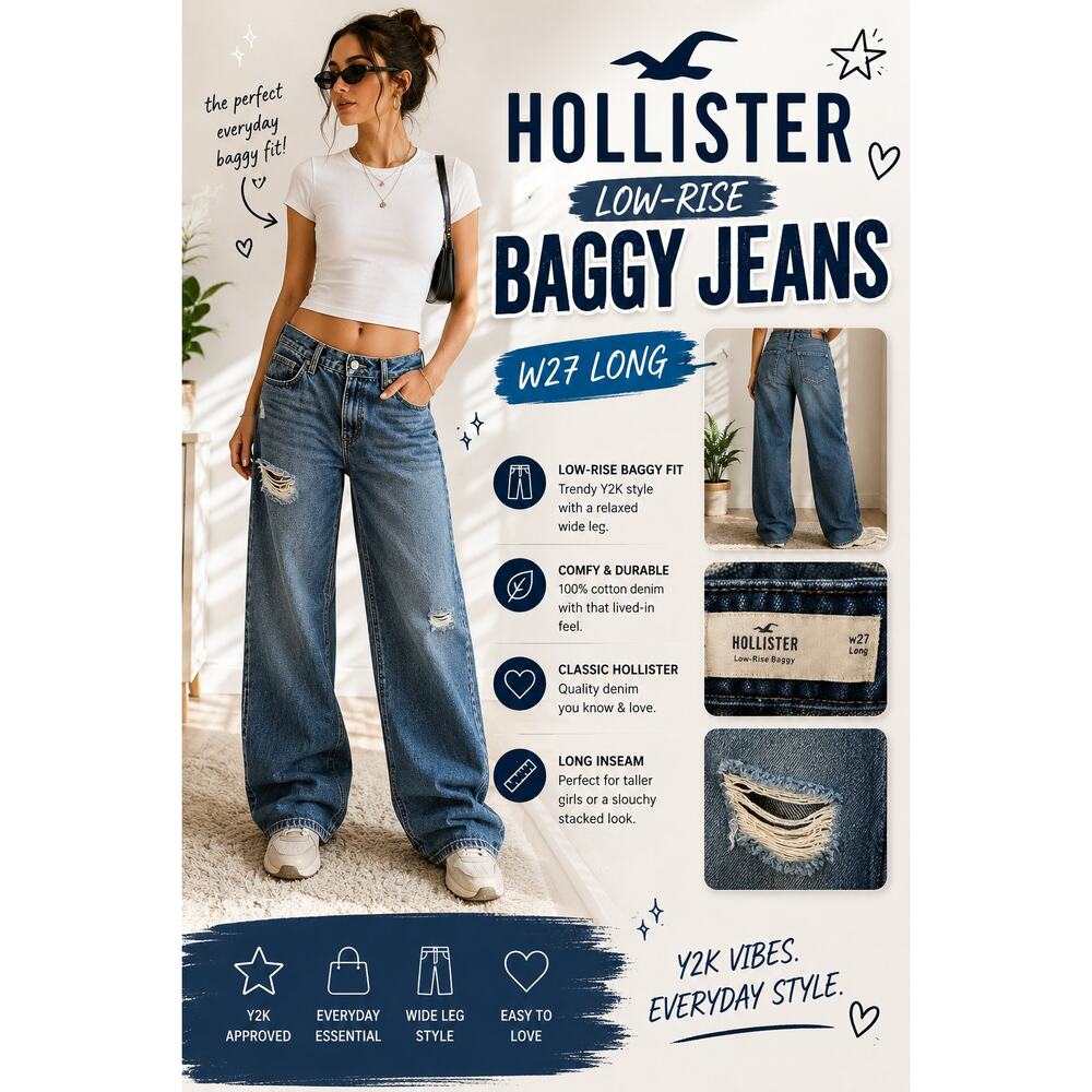 Hollister Low Rise Baggy Jeans W27 Long Wide Leg Y2K Distressed Denim